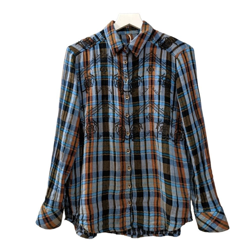 Free People Women's Western Plaid Ruffle Cotton Casual Button Down Shirt Sz XS
